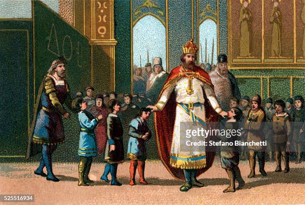 Illustration of Holy Roman Emperor Charlemagne, who set up schools open to boys of different class backgrounds.