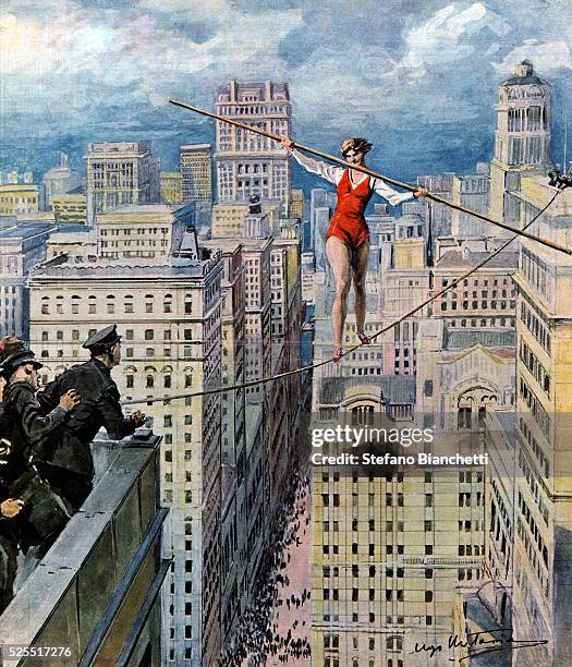 Illustration of a female tightrope walker walking over Broadway, published in Il Mattino Illustrato, May 12, 1932.