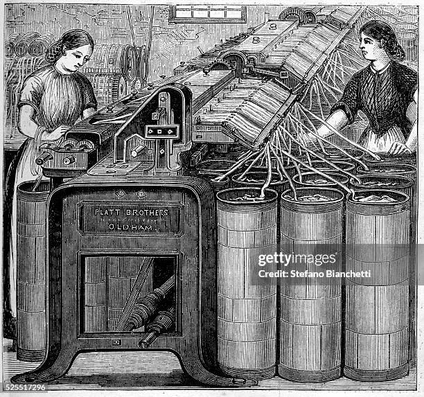 An illustration from a series showing cotton spinning at Walter Evans and Company, cotton manufacturers in Derby, England.