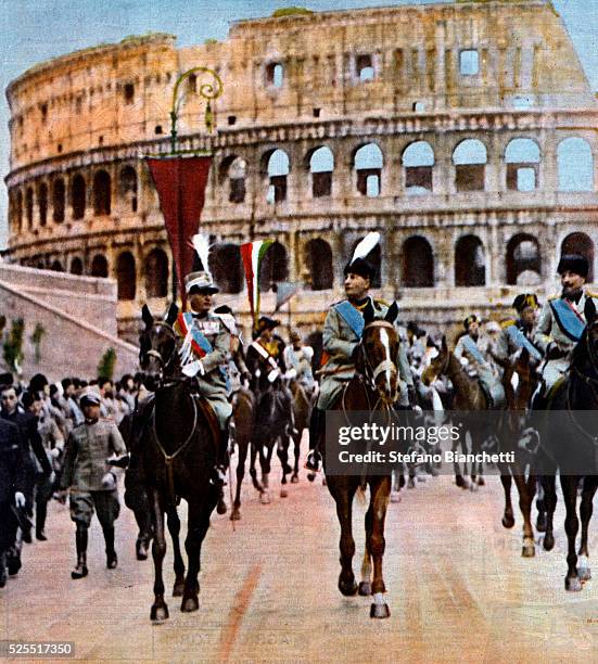 Italian dictator Benito Mussolini rides at the head of the thirteen legions during a parade to inaugurate the Via Dei Fori Imeriali.