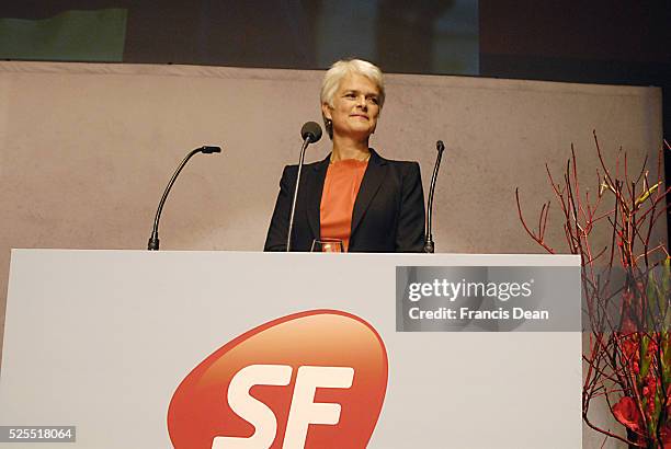 _Ms.Annette Vihelmsen 52 years old in red nd gr ey hair is newly elected SF danish socialist people party chairwoman iover 4.000 personal votes by...