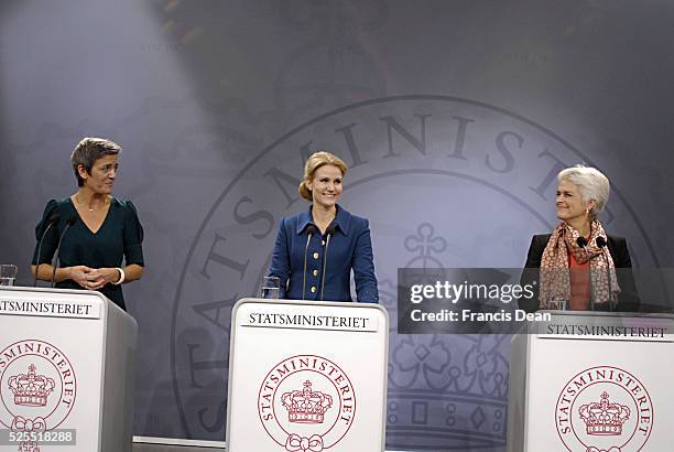 Ms.Helle Thorning-Schmidt danish prime minieter in blueholds Press meeting with Ms.Margrethe Vestager Minister for Economy and home minister from...