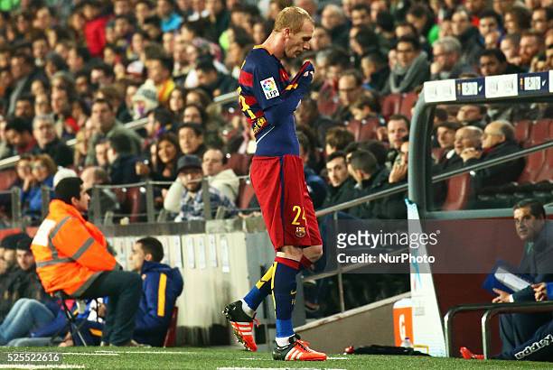 December 02 - SPAIN: Jeremy Mathieu injury during the match against FC Barcelona and CF Villanovense, corresponding to the round 4 of the spanish...