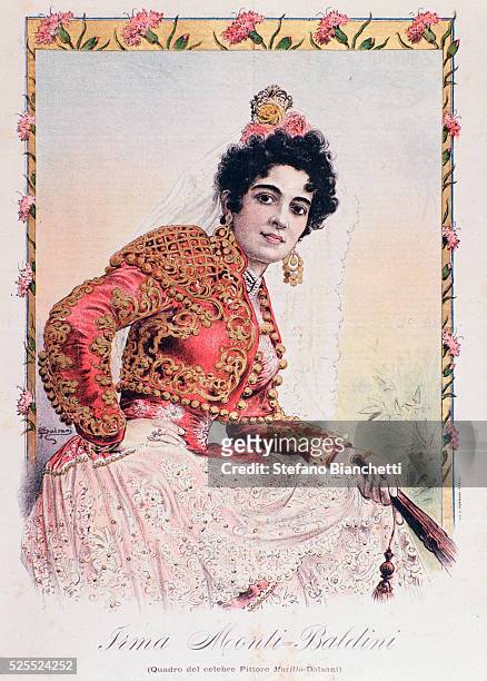 Costume of Irma Monti Baldini acting in "Carmen," the opera by French composer Georges Bizet . 1899.