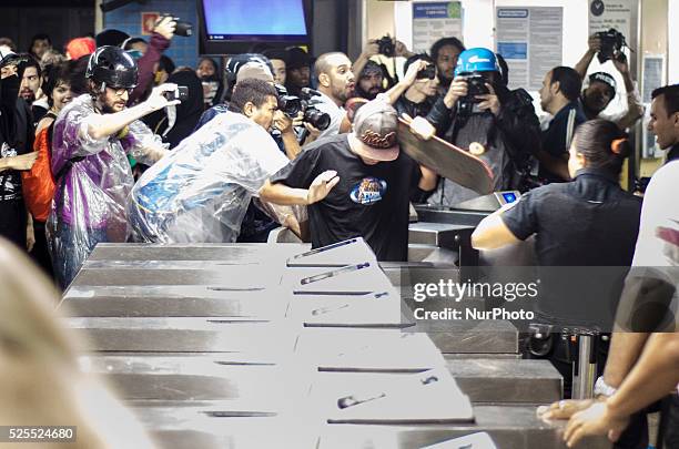 Students protest against the rise of the transport fare in Sao Paulo, Brazil on January 14, 2016. Amid a marked economic downturn and high inflation,...