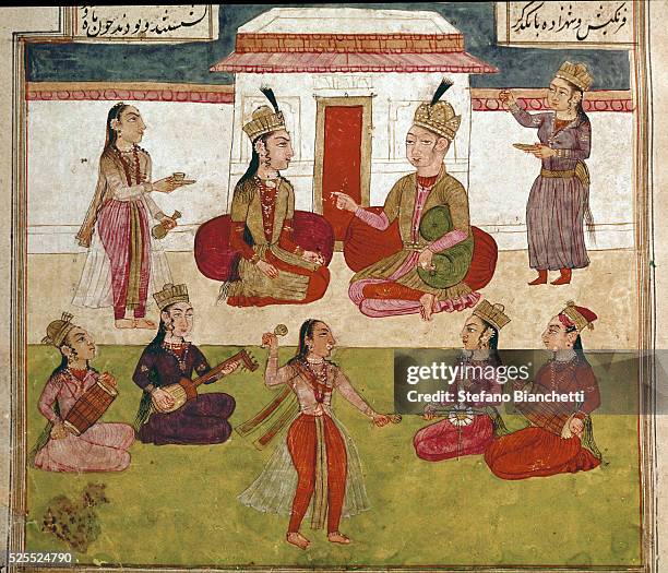 Islamic art. Concert in the harem. From "Shahnama" , by Firdawsi . Persian miniature, 18th century. Naples, National Library, Italy