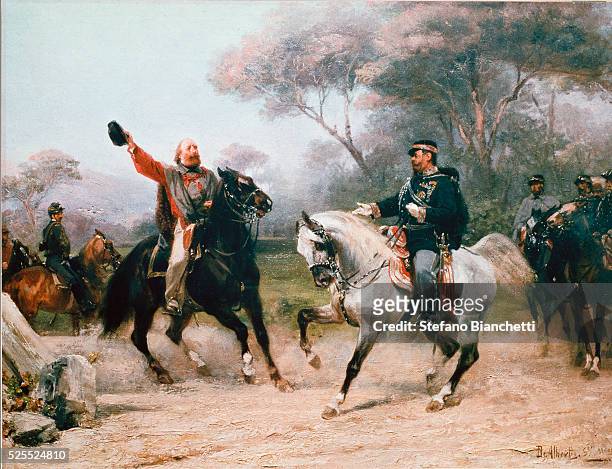 Scene from il Risorgimento. The Meeting of Giuseppe Garibaldi and King Victor Emmanuel II at Teano, autumn 1860. Painting by Sebastiano De Albertis...