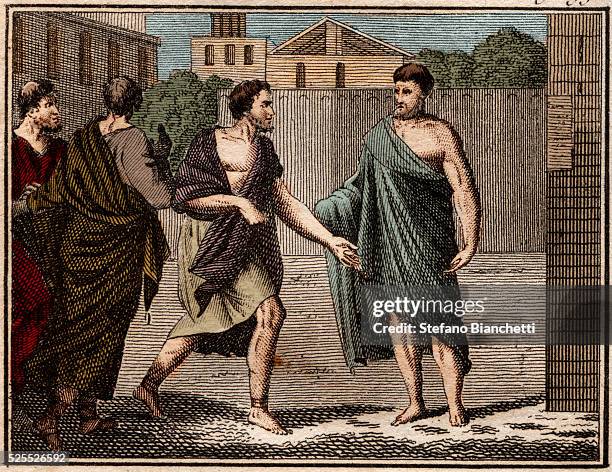 The ostracism of Aristides, Aristides the Just Ancient Greek soldier and statesman. Engraving from " Le Rollin de la jeunesse ou Morceaux choisis des...