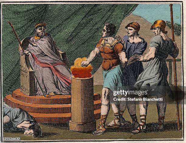 Gaius Mucius Scaevola thrust his hand into a nearby flame to prove his courage. Amazed at his courage, Porsenna freed him. Engraving from " Le Rollin...