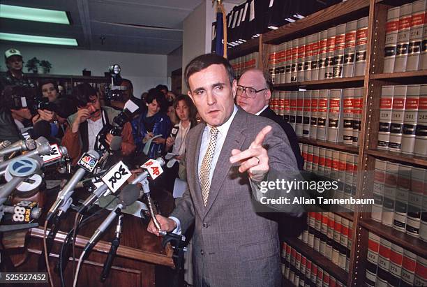 Federal Prosecutor Rudy Giuliani holds a presser about the Ivan Boesky case, New York, New York, April 23, 1987.