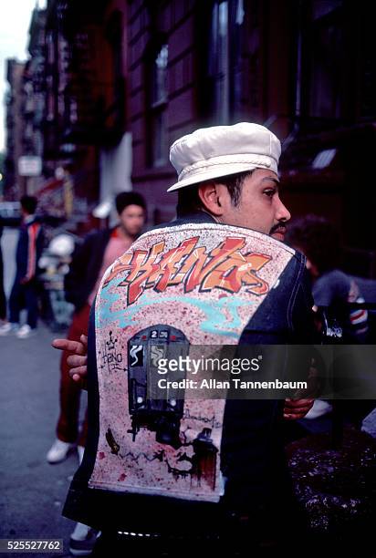 Hip-hop fashion relating to subway graffiti, New York, New York, June 28, 1975. The design is a tag by the artist Kano.