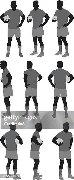 ilustraciones, imágenes clip art, dibujos animados e iconos de stock de diversas vistas de jugador de rugby - rugby silhouette