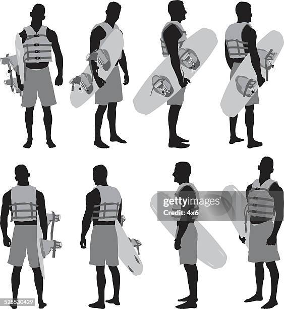 various views of man with wakeboard - life jacket isolated stock illustrations