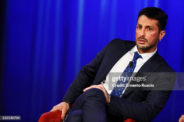 Fabrizio Corona attends the Maurizio Costanzo Show at De Paolis Studios on April 28, 2016 in Rome, .