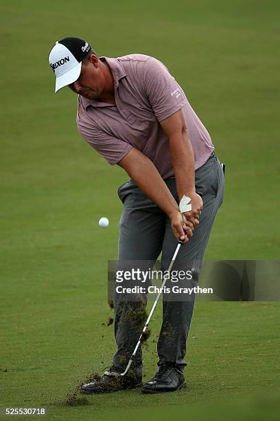 Michael Putnam takes his second shot on the 17th hole during the first round of the Zurich Classic of New Orleans at TPC Louisiana on April 28, 2016...