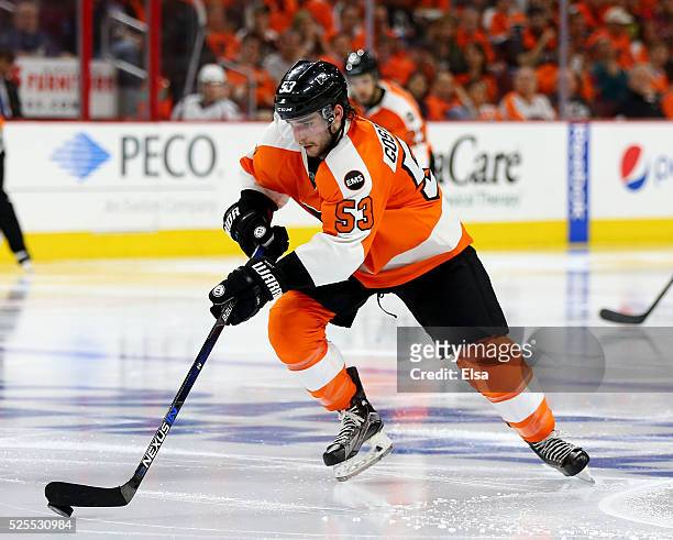 Shayne Gostisbehere of the Philadelphia Flyers takes the puck in the second period against the Washington Capitals in Game Three of the Eastern...