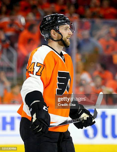 Andrew MacDonald of the Philadelphia Flyers looks on during a stop in play against the Washington Capitals in Game Three of the Eastern Conference...