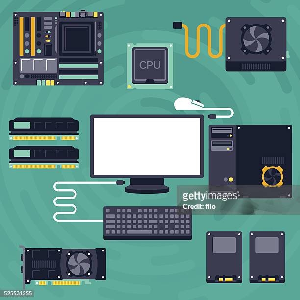 illustrazioni stock, clip art, cartoni animati e icone di tendenza di piatto pc e componenti di elaborazione - hard drive