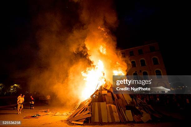 Barcelona, Catalonia, Spain. June 23. Bonfires in Barcelona during the Sant Joan night, in a tradition of fire welcoming the summer, in Barcelona.