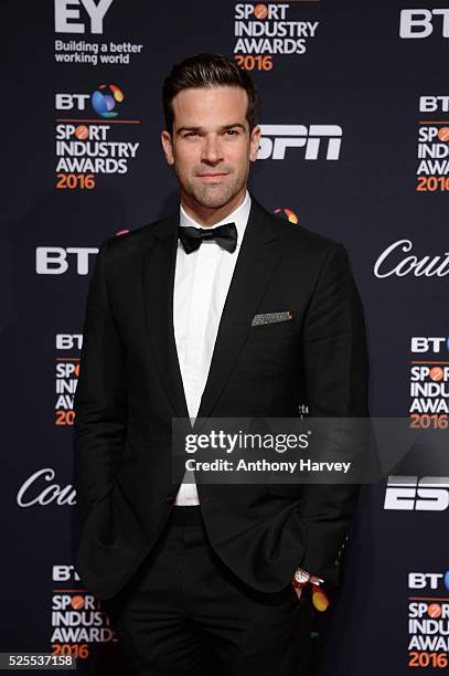 Presenter Gethin Jones poses on the red carpet at the BT Sport Industry Awards 2016 at Battersea Evolution on April 28, 2016 in London, England. The...