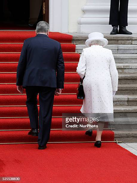 Queen Elisabeth II and prince Philip is welcomed by German President Joachim Gauck and Mrs. Daniela Schadt at Castle Bellevue in Berlin, Germany on...