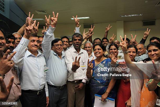 Wheeler Island, Odisha, India Scientists celebrating the moment. India successfully launches its longest range nuclear weapon capable...