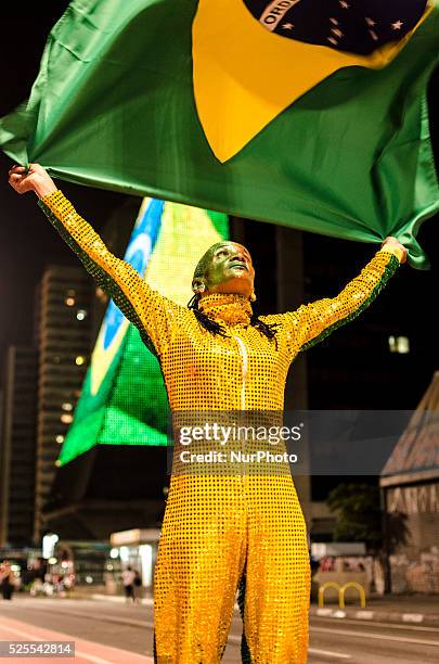 Marathon runner Lucia dos Anjos, known as &quot;Animal&quot;, poses for picture during this sunday's demonstration in avenida Paulista, downtown S��o...