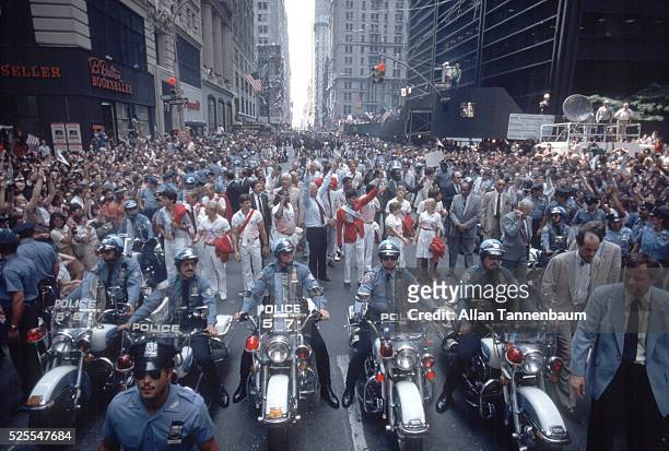 Mayor Ed Koch and Mary Lou Retton in a ticker tape parade for LA Olympic Games on Broadway, New York, New York, August 15, 1984.