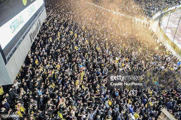 Fans of AEK Athens during the Greek cup quarter final match between AEK Athens and Olympiacos in Athens, Greece on March 11, 2015. The Greek Cup...