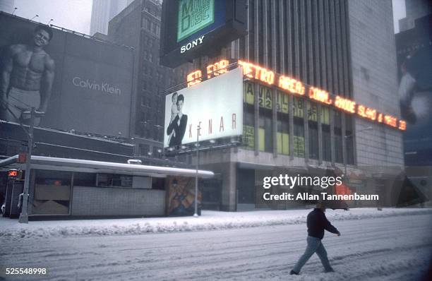 Blizzard in Times Square - Marky Mark in Calvin Klein underwear billboard, New York, New York, March 13, 1993.