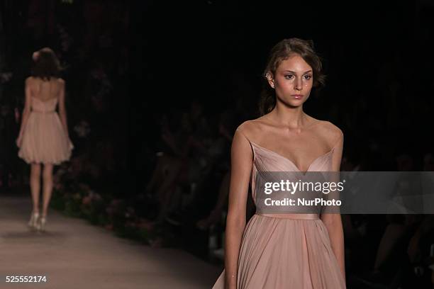 Model walks the runway during the Samuel Cirnansck fashion show as part of Sao Paulo Fashion Week - winter 2016 on October 21, 2015 in Sao Paulo,...
