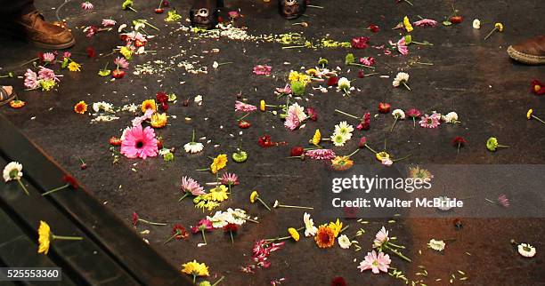 The Company with flowers thrown from the audience during the Opening Night Performance Curtain Call for the New York Premiere of 'Hit The Wall' at...