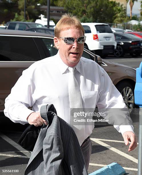 Oakland Raiders owner Mark Davis arrives at a Southern Nevada Tourism Infrastructure Committee meeting at UNLV on April 28, 2016 in Las Vegas,...