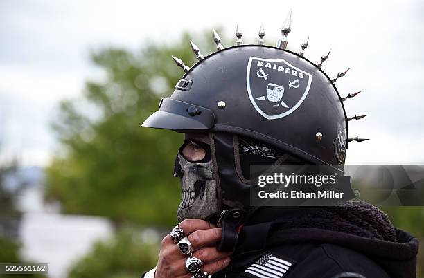 Oakland Raiders fan Eric Carrillo of Nevada arrives at a Southern Nevada Tourism Infrastructure Committee meeting at UNLV to see Raiders owner Mark...