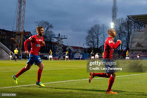 Jordan Larsson of Helsingborgs IF celebrates his 2-1 goal during the Allsvenskan match between Helsingborgs IF and AIK at Olympia on April 28, 2016...