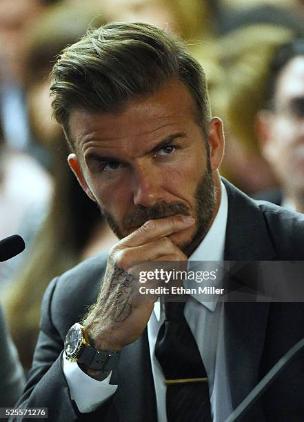 Former soccer player David Beckham looks on during a Southern Nevada Tourism Infrastructure Committee meeting with Oakland Raiders owner Mark Davis...