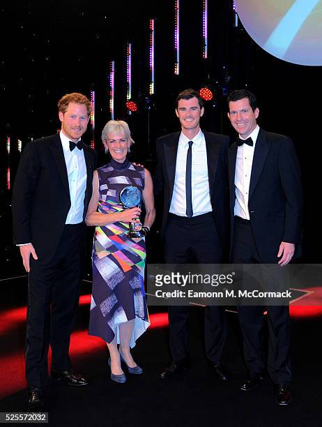 Prince Harry and Tim Henman present Outstanding Contribution to Sport Award to Judy Murray and son Jamie at the BT Sport Industry Awards 2016 at...