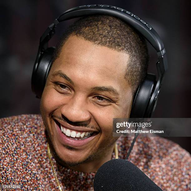 Carmelo Anthony of the New York Knicks visits 'Sway in the Morning' with Sway Calloway on Eminem's Shade 45 at SiriusXM Studio on April 28, 2016 in...