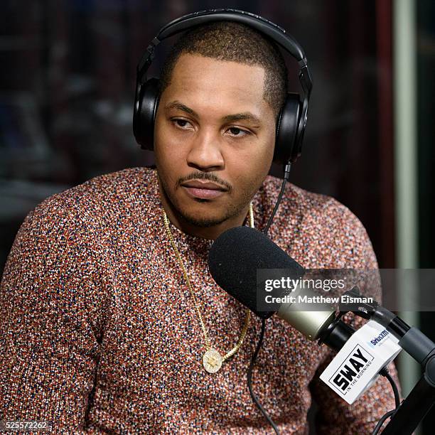 Carmelo Anthony of the New York Knicks visits 'Sway in the Morning' with Sway Calloway on Eminem's Shade 45 at SiriusXM Studio on April 28, 2016 in...