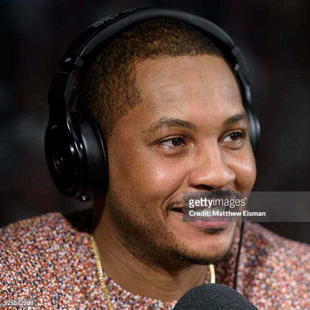 Carmelo Anthony of the New York Knicks visits 'Sway in the Morning' with Sway Calloway on Eminem's Shade 45 at SiriusXM Studio on April 28, 2016 in...