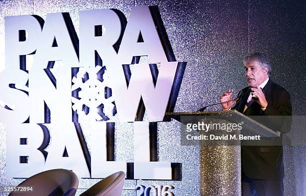 John Inverdale speaks on stage at the Disability Snowsport UK ParaSnowBall 2016 sponsored by Crystal Ski Holidays and Salomon, at The Hurlingham Club...