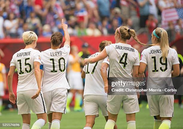 Carli Lloyd of team USA gestures to the crowd after her third goal during 2015 women's World Cup Soccer in Vancouver during the final between USA and...
