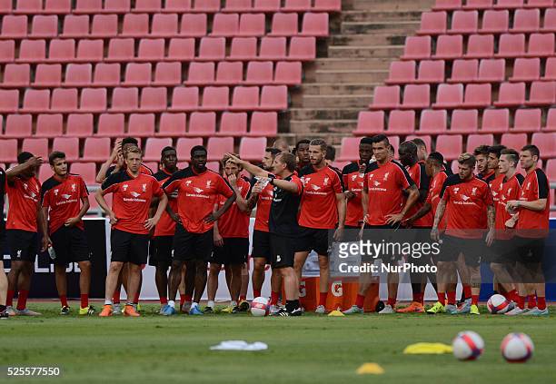 Liverpool coach Brendan Rodgers instructs his team during a training session at Rajamangala stadium in Bangkok, Thailand on July 13, 2015. Liverpool...