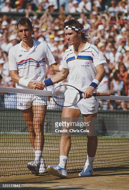 Ivan Lendl of Czechoslovakia shakes hands with Pat Cash of Australia after their Men's Singles Final match at the Wimbledon Lawn Tennis Championship...