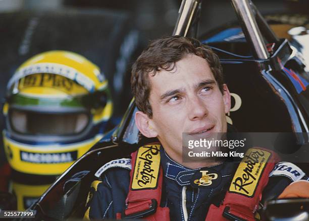 Ayrton Senna of Brazil and driver of the John Player Special Team Lotus Lotus 98T Renault EF15 V6t turbo during practice for the Brazilian Grand Prix...