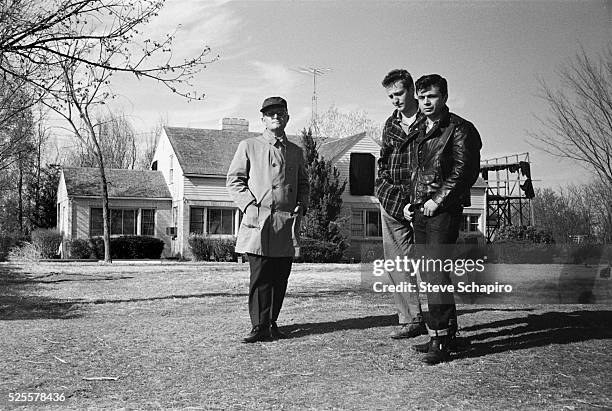 View of, from left, American author Truman Capote , and actors Scott Wilson & Robert Blake, during the filming of 'In Cold Blood' , Holcomb, Kansas,...