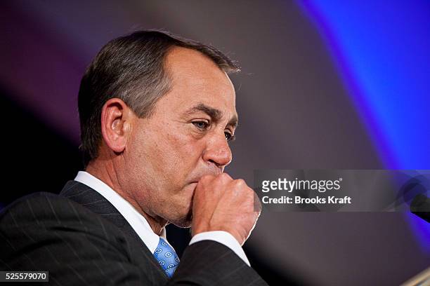 House Republican Leader John Boehner breaks into tears during his speech as he addresses supporters at a Republican election night results watch...