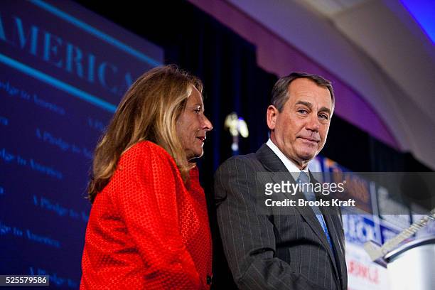 House Republican Leader John Boehner with his wife Debbie after he teared up during his speech to supporters at a Republican election night results...