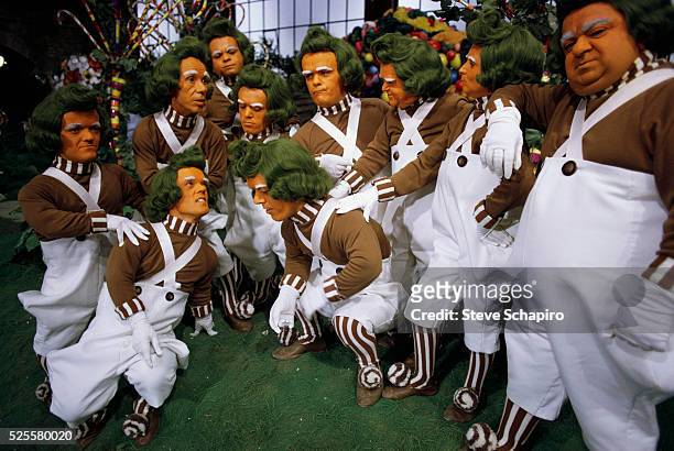 Group of "Oompa Loompa" characters, on the set of the movie, 'Willie Wonka And The Chocolate Factory', directed by Mel Stuart, 1971.