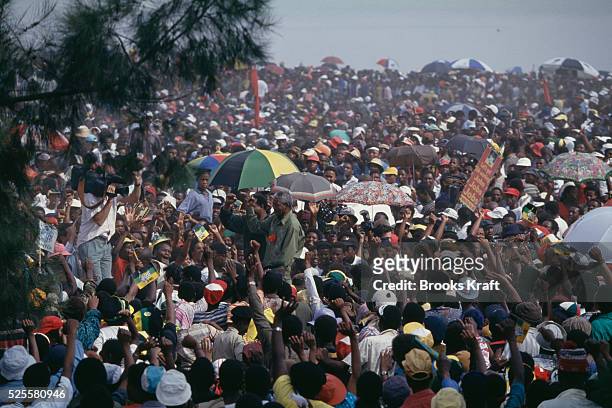 South African anti-apartheid activist, and leader of Umkhonto we Sizweeeting Nelson Mandela, attends a meeting of the African National Congress in...